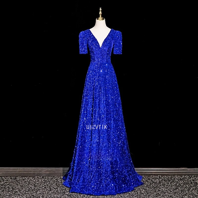 Glänzendes Pailletten-Abschlussballkleid mit V-Ausschnitt, neuer Stil, Bankett, französische Schnürung, Jahrestagung, Host-Kleid, Kostüm, Damen, langes Party-Abendkleid