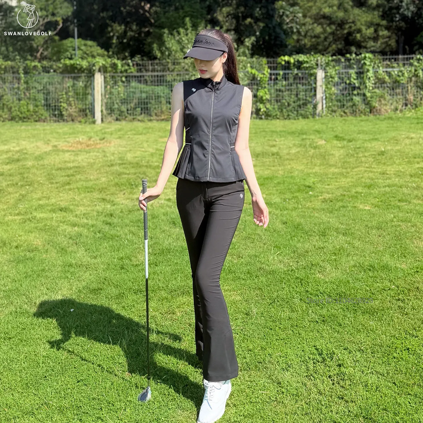 SG Golf Female Vest Women Sleeveless Pleated Slim Top Zipper A-lined Jacket Ladies High Waist Split Golf Pants Flared Trousers