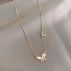 Stainless Steel Luxury Gold Color Opal Butterfly Pendant Necklace for Women Exquisite Zircon Chokers Bride Jewelry Colorfast