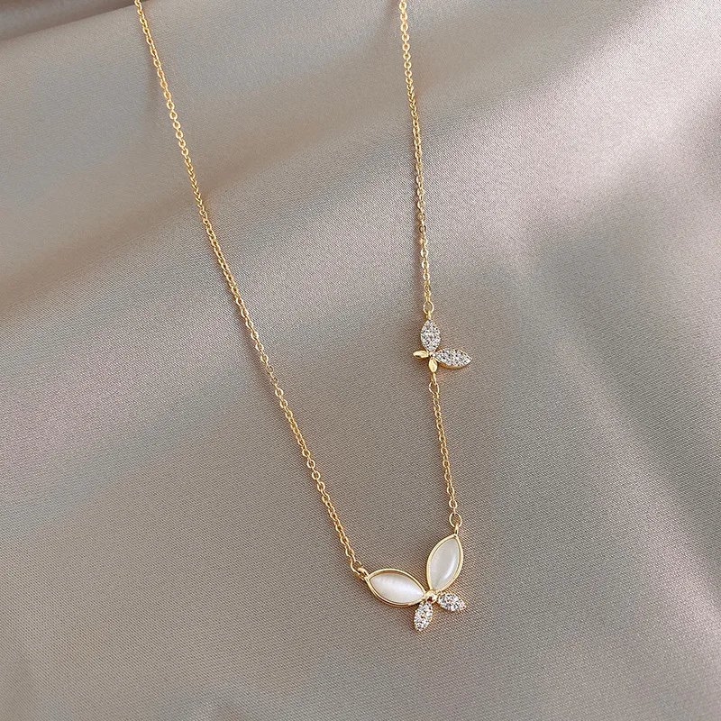 Stainless Steel Luxury Gold Color Opal Butterfly Pendant Necklace for Women Exquisite Zircon Chokers Bride Jewelry Colorfast