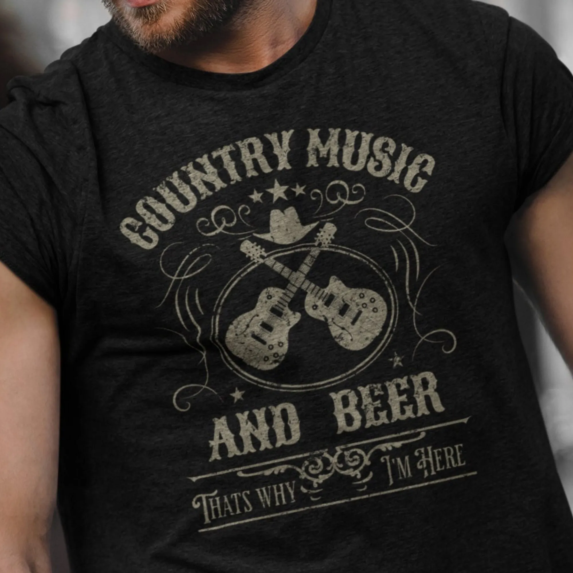 Country Music and Beer T Shirt Nashville Funny Western Tennessee Cool Texas s Yeehaw Guitar Player long or short sleeves