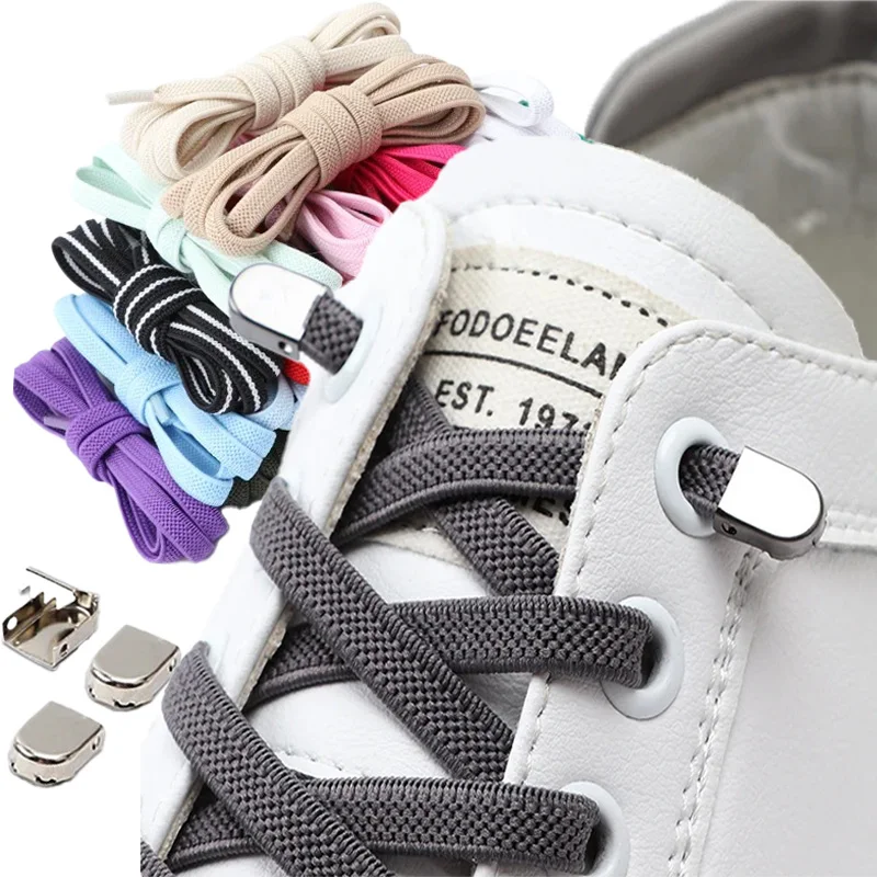 1 Paar flache Schnürsenkel für Turnschuhe, elastische Schnürsenkel ohne Krawatten, drücken Sie die Metallverschluss, Lazy Shoes, Spitze, Gummiband-Zubehör