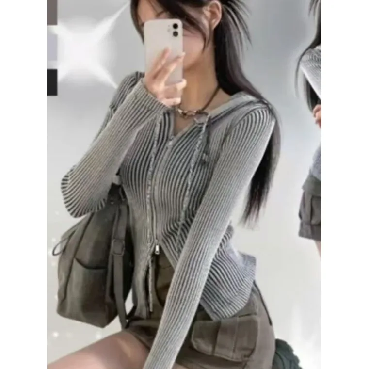 

Retro Tie Dye Ombre Zipper Hoodie Slim Fit Knitwear Sweater Jaet Korean Sle Autumn Winter Women's Casual Streetwear