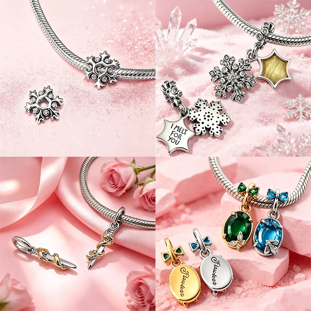 925 Sterling Silver Snowflake Charms Beads Fit Original Bracelets Bag Keychain Charms Beads Pendant Diy Women Jewelry Gift