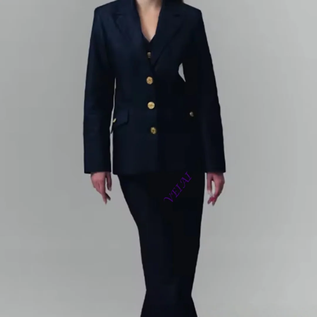 CustomizedNavy Blue Denim Women's Jacket Pants Sets 3Piece Suit Single Breasted Notch Lapel Blazer Casual Daily Streetwear Offic