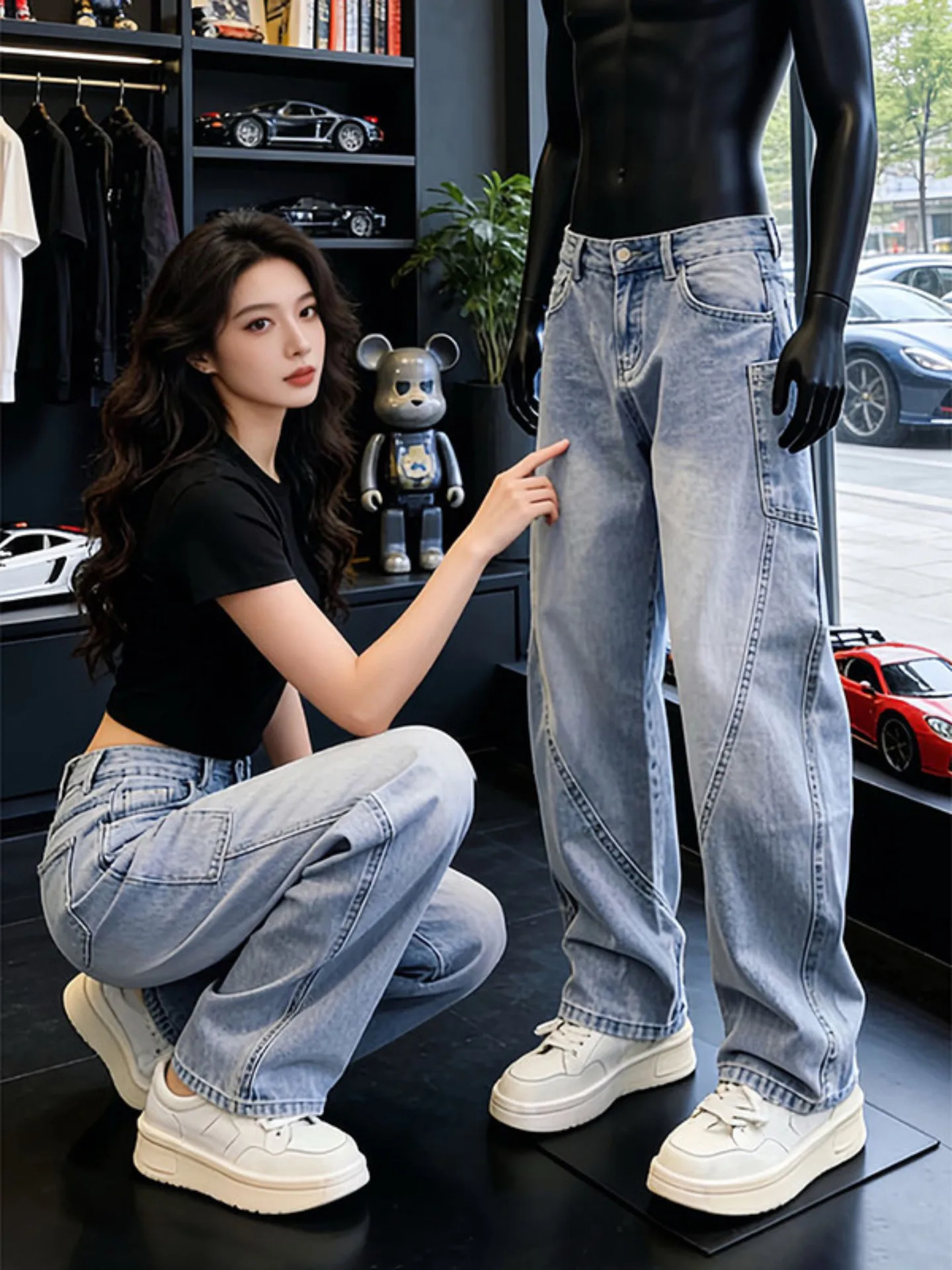 

Light Blue American Style Slanted Cut Knife Washed Jeans Men's Spring Vintage Workwear Loose Wide Leg Pants Straight Leg Fit