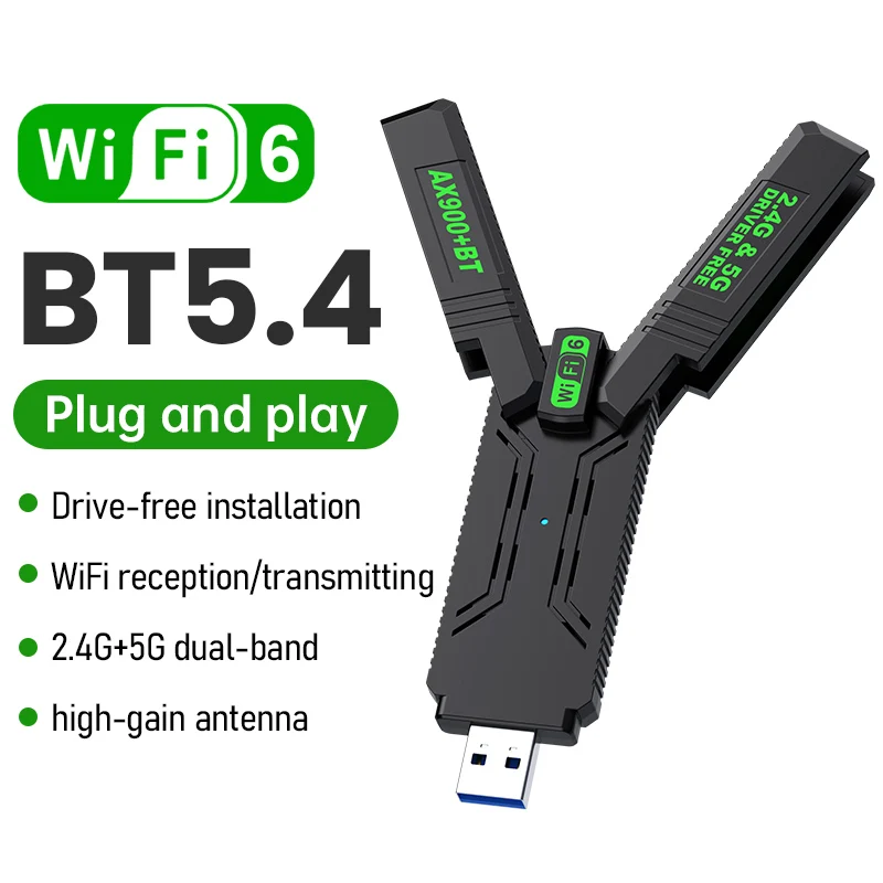 WiFi 6 AX900 USB Adapter Bluetooth 5.4 Dual Band 2.4G 5G Antennas WiFi6 USB Network Receiver Dongle Driver Free Win 10/11