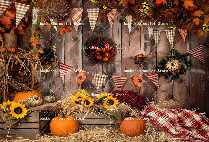 Mehofond 가을 호박 사진 배경 어린이 생일 파티 소박한 나무 배경 해바라기 건초 더미 단풍잎 장식