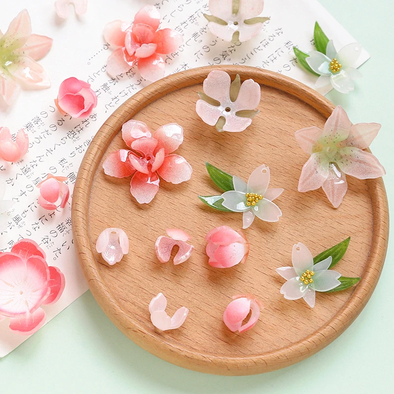 1pcs Simulation Peach Blossom Daffodil Resin Flower Green Leaf Heat Shrink Sheet Diy Handmade Jewelry Earrings Hairpin Material