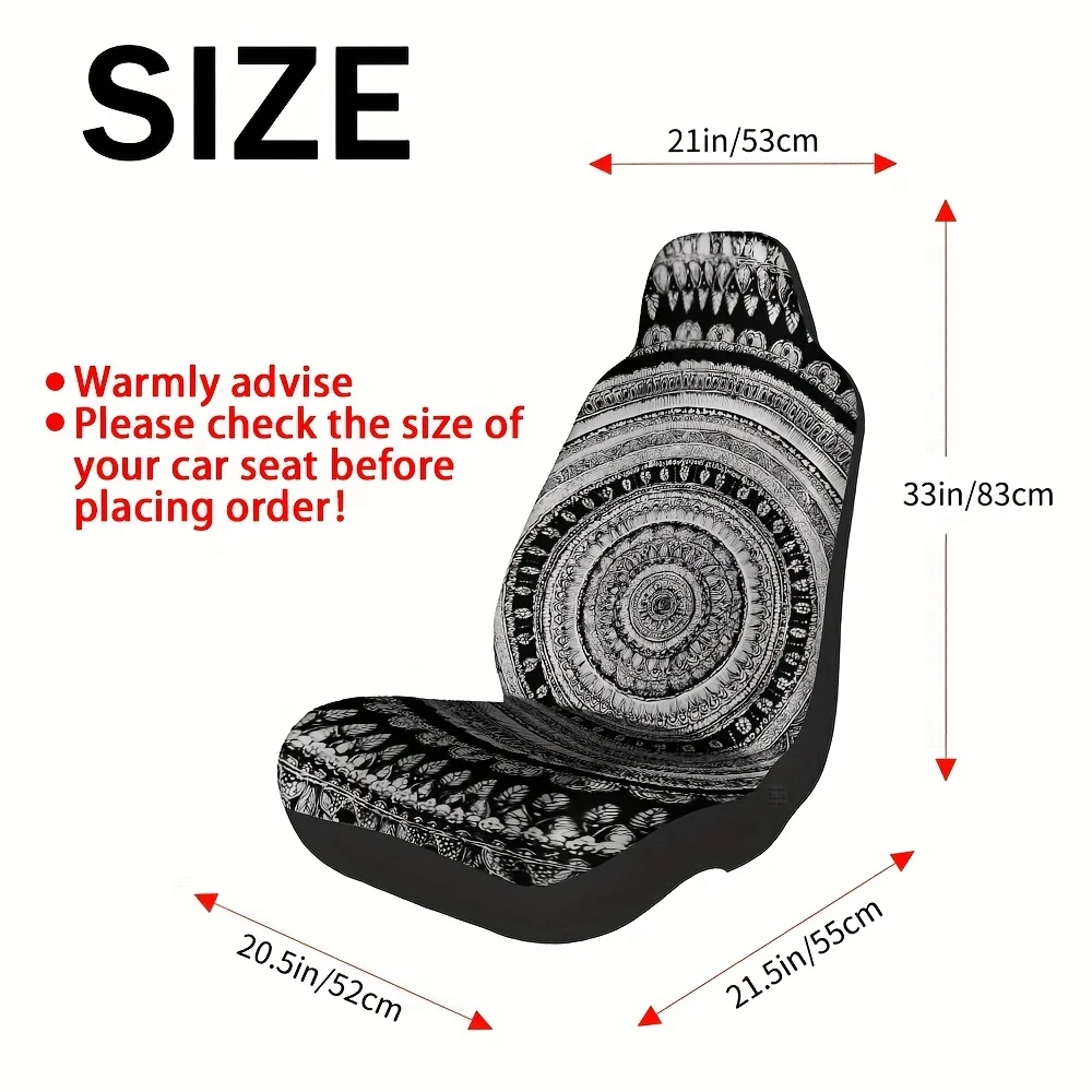 2pcs, Car Seat Covers Mandala Circular Black White Themed, Comfortable And Washable, Universal Fit For Front Seats Of Cars And T