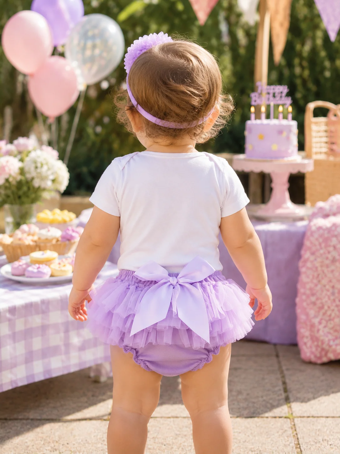 3Pcs Baby Girl Birthday Outfit BIRTHDAY BABY Cupcake Print Short Sleeve Bodysuit Purple Tulle Tutu Skirt Flower Headband Infant
