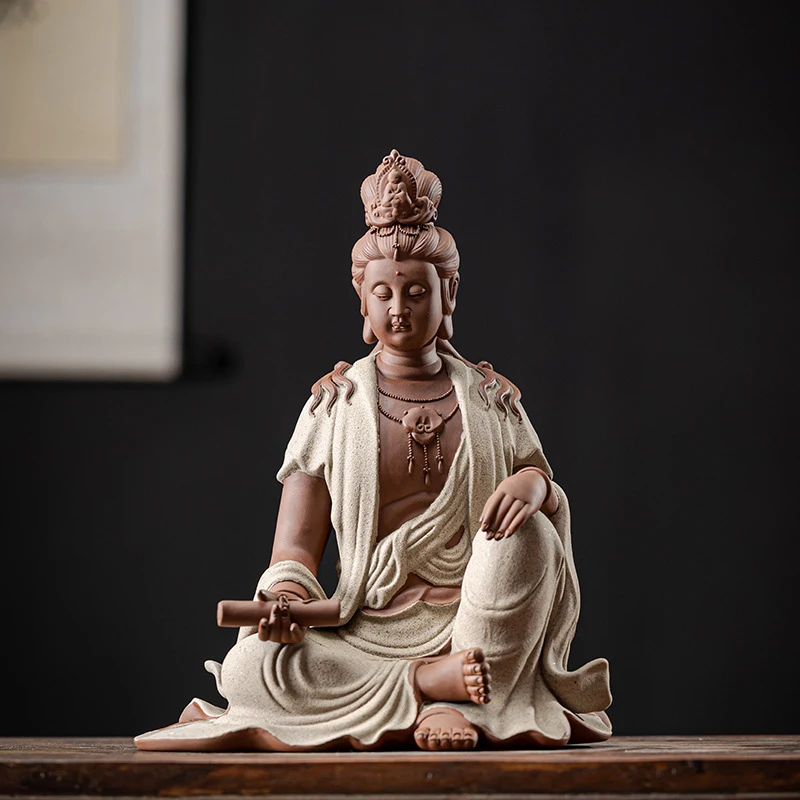 Chinese-Style Ceramic Statue Of Guanyin Bodhisattva Holding A Scripture, Home Decor For Living Room, Entrance, And Tabletop, Wit