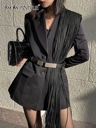 TWOTWINSTYLE Korean Fashion Black Patchwork Tassels Blazer For Women Notched Collar Long Sleeve Solid Blazers Female Spring 2022