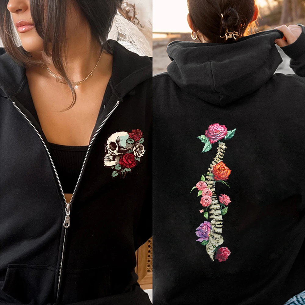 Women\'s Casual Zip Up Hoodies Autumn Winter New Gothic Skull with Roses Spine Dark Aesthetics Sweatshirt Pullover Zip Sportwear