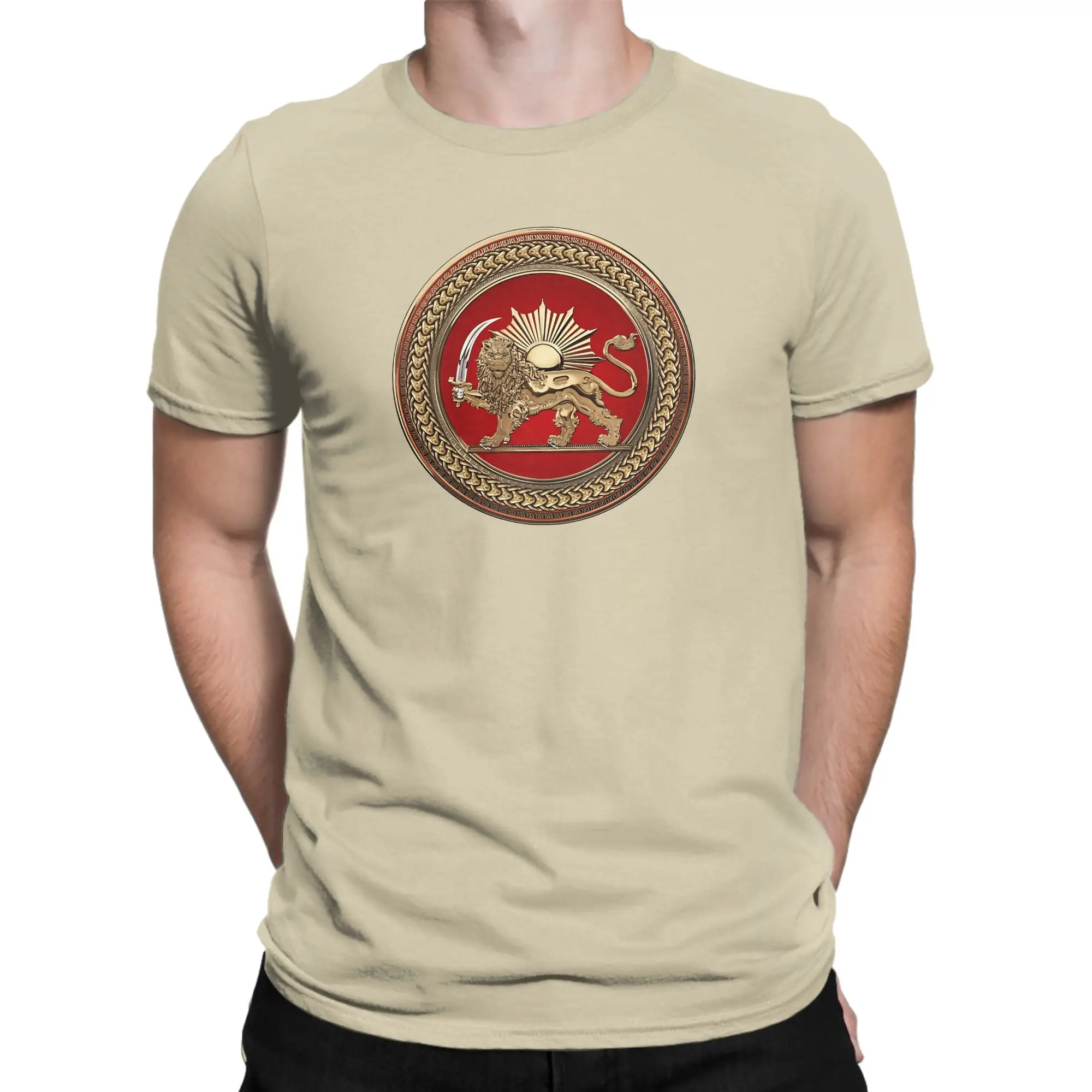 Men's T-Shirts Flag of Lion Iran Gold Persian Lion and Sun Crazy Pure Cotton Tee Shirt Short Sleeve Clothing Birthday Present
