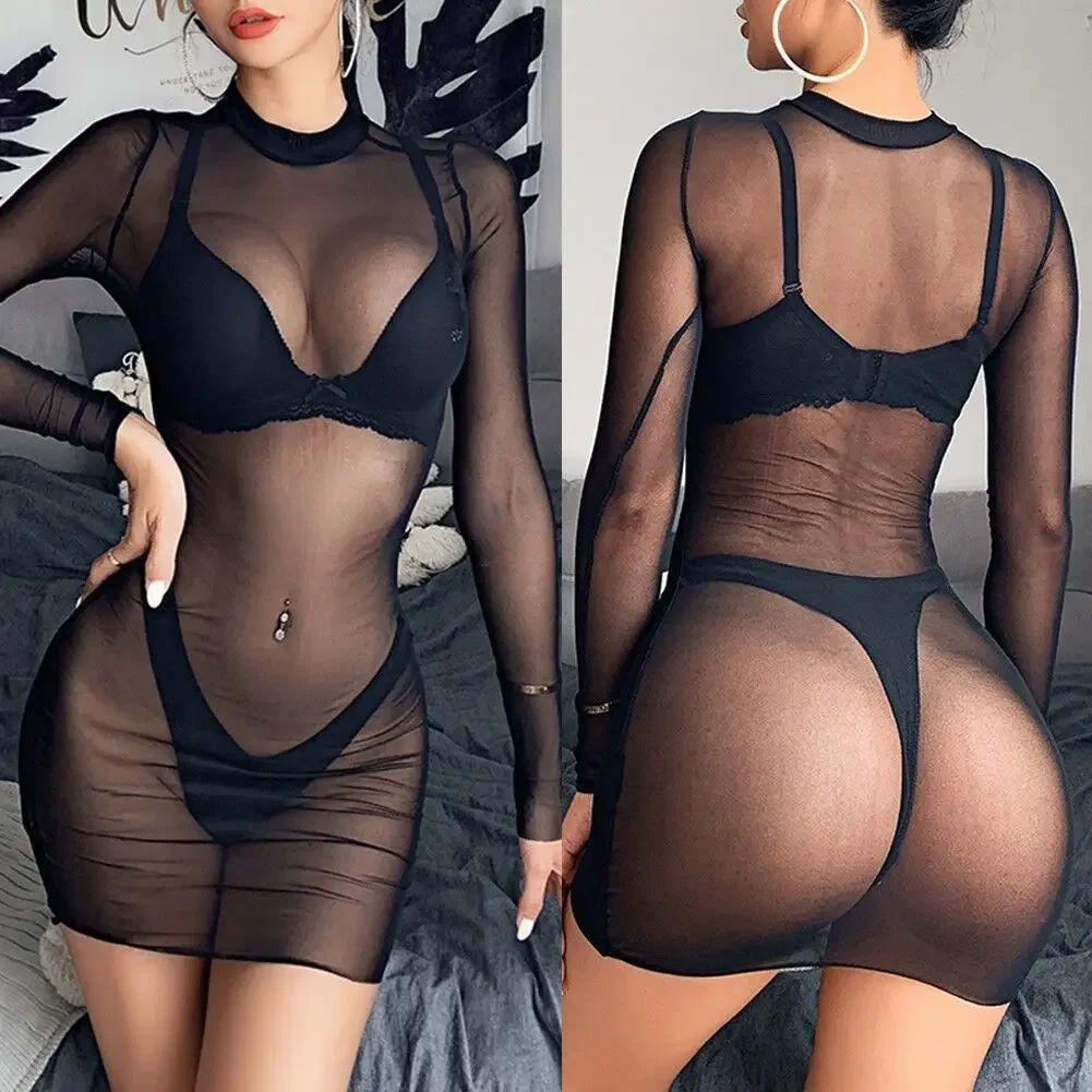 Lencería Sexy para mujer, ropa interior de encaje, picardías erótico, vestido transparente