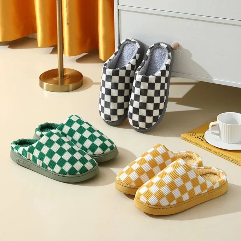 Plaid House Slipper Womens Winter Warm Home Kawaii Cartoon Plush Contton Indoor Funny Cute Fuzzy Floor Shoes Female Checkerboard