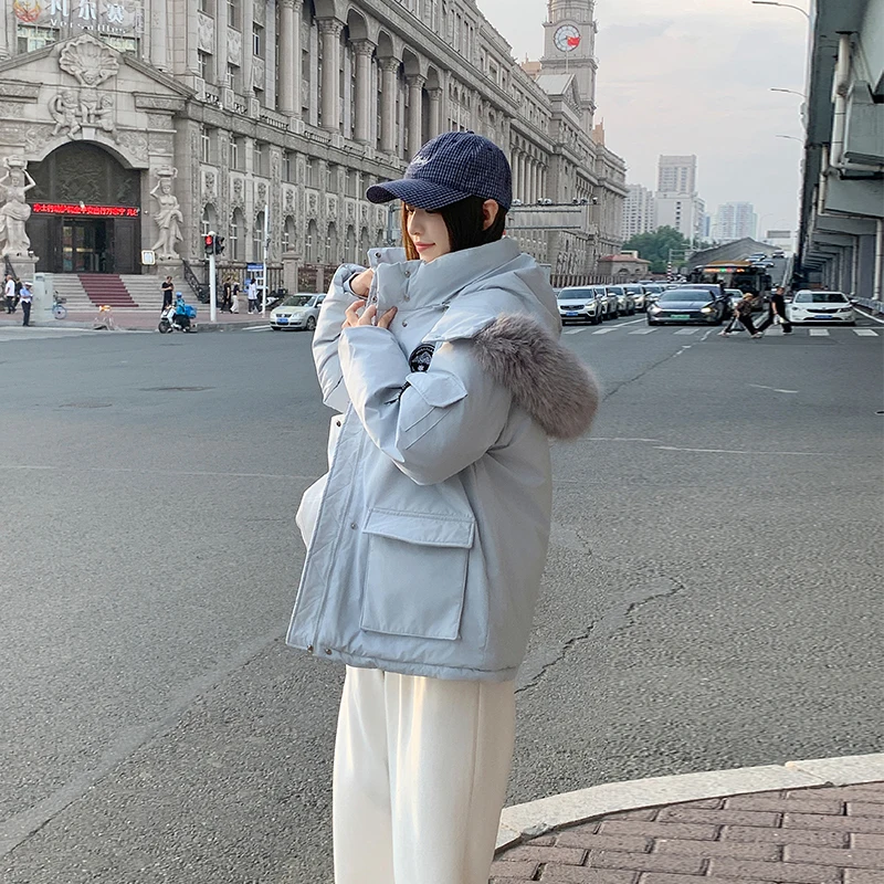 Women Short Parka Cotton Padded Jacket Faux Fur Hood Loose Workwear Winter Coat Outdoor Warm Couple Matching Outerwear
