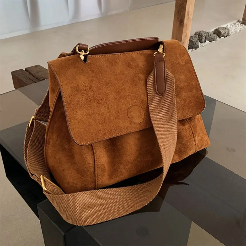 

Large Capacity Flap Shoulder Bag Casual Wide Strap Vintage Crossbody Bag Nubuck PU Leather Handbag Women Girls