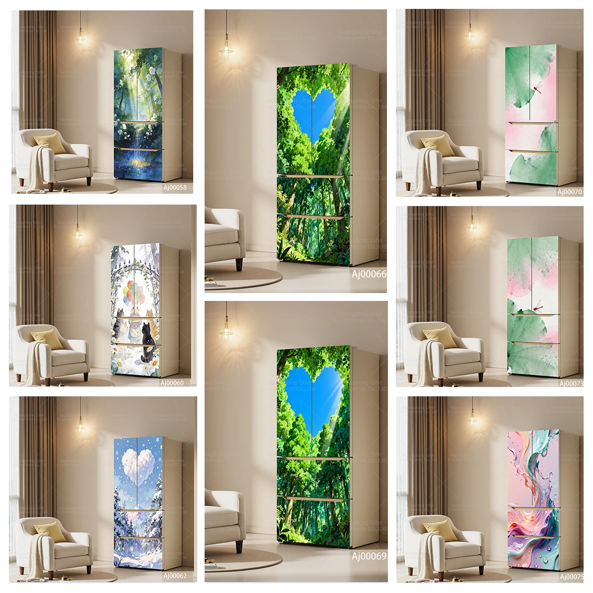 

Self-Adhesive PVC Fridge Decals with Featured Landscape & Cute Cat, Durable Home Decor Accessory