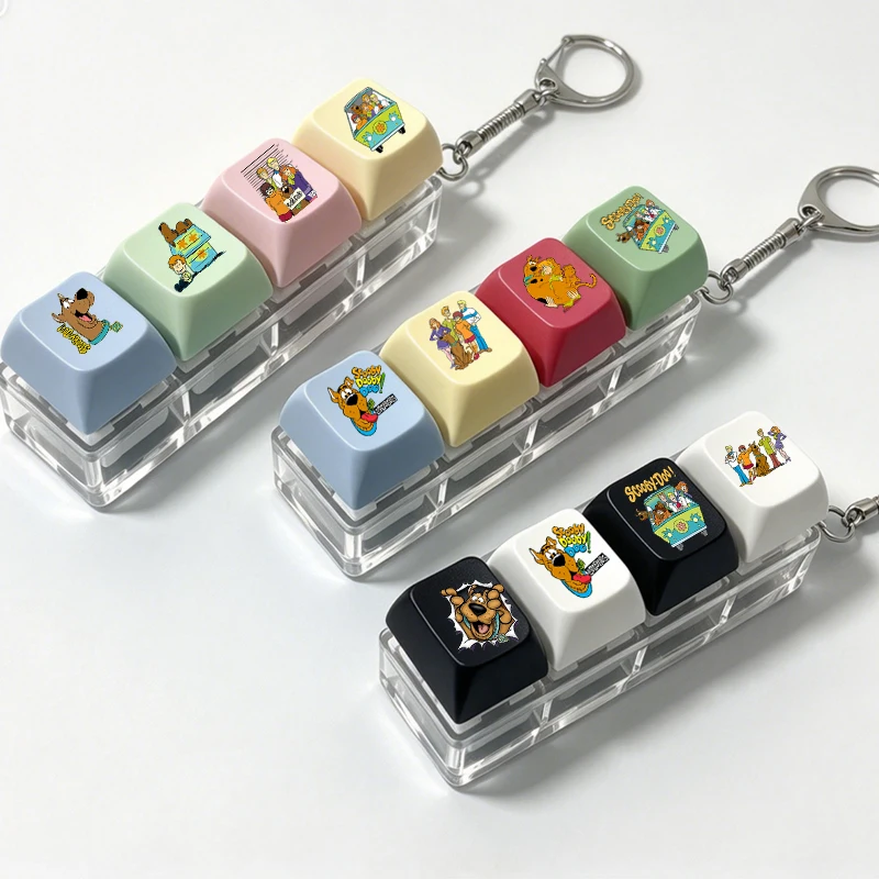 Scoobys-Doos Mini Mechanical Keyboard Toy Keychain 4 Buttons Stress Portable Bag Hanging Ornament for Adult Teen Birthday Gift