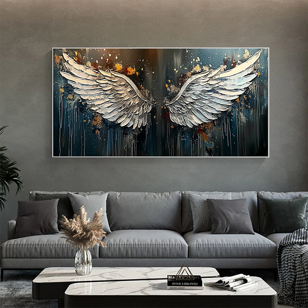 1pc frameless Angel Wing Oil Painting Canvas Painting Large Wall Art Abstract White Wing Art Painting Minimalist Home Decor Pers - view 2