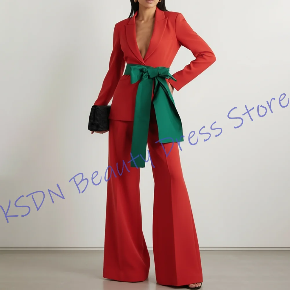 

Glittering Women Red Clothing with Emerald Green Stain Bow Belt 2Piece Statement Formal Outerwears for Special Events