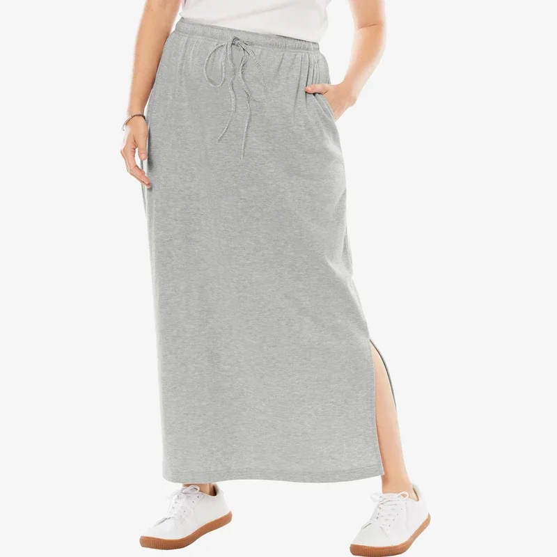 Plus Size Drawstring Waist Long Summer Spring Knot Skirt Elastic Waist Pocket Slits Ankle Length Casual Gray Sport Skirt 7XL 8XL