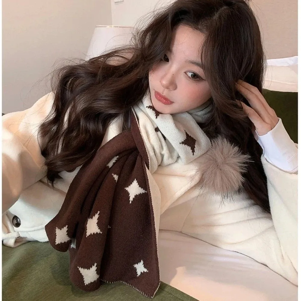 

Корейский стиль, шейный платок со звездным узором, мягкий утолщенный женский зимний шарф, теплый ветрозащитный кашемировый вязаный платок для женщин