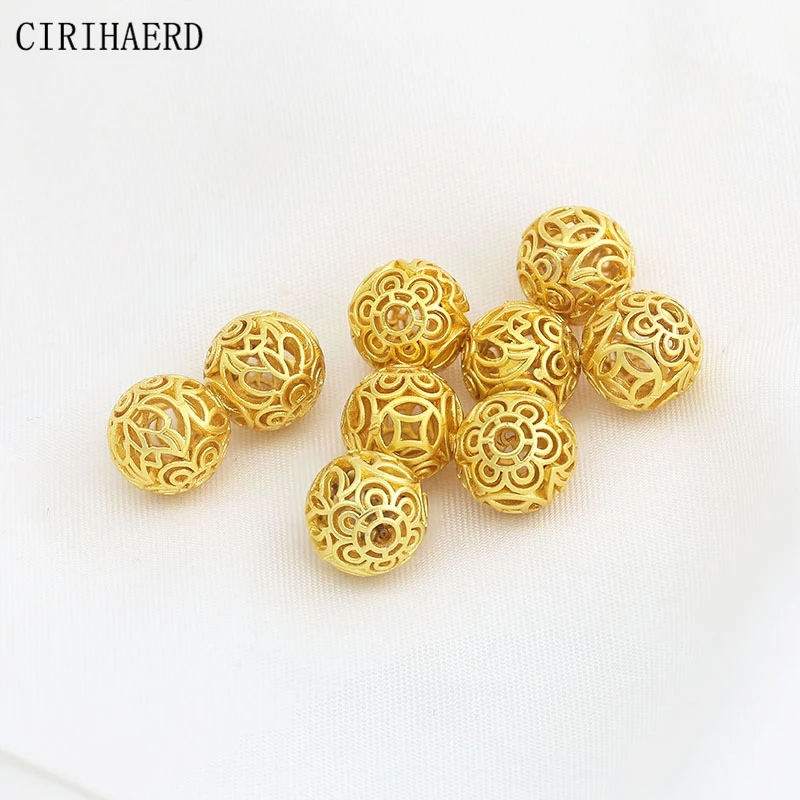 

10mm Hollow Flower Beads Plated Gold Color Beaded Necklaces Spacer Bead Round Metal Beads For Bracelets Jewelry Making Supplies