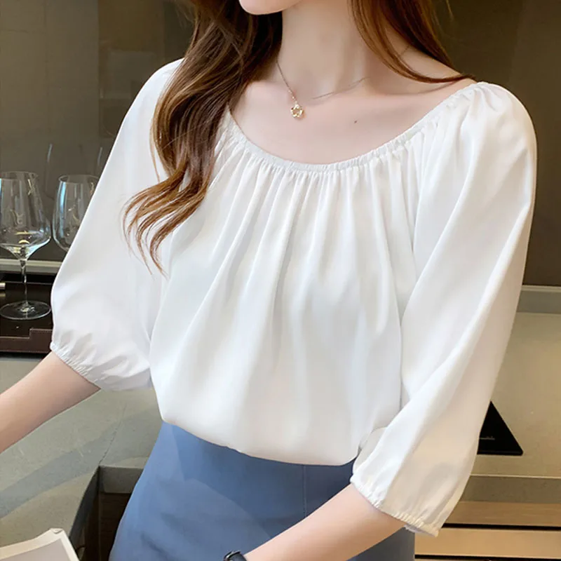 2022 Summer New Blouse Drape Short Sleeve Top Simple and Loose White Shirts Femme Clothing Spliced Chiffon Solid Casual 2840