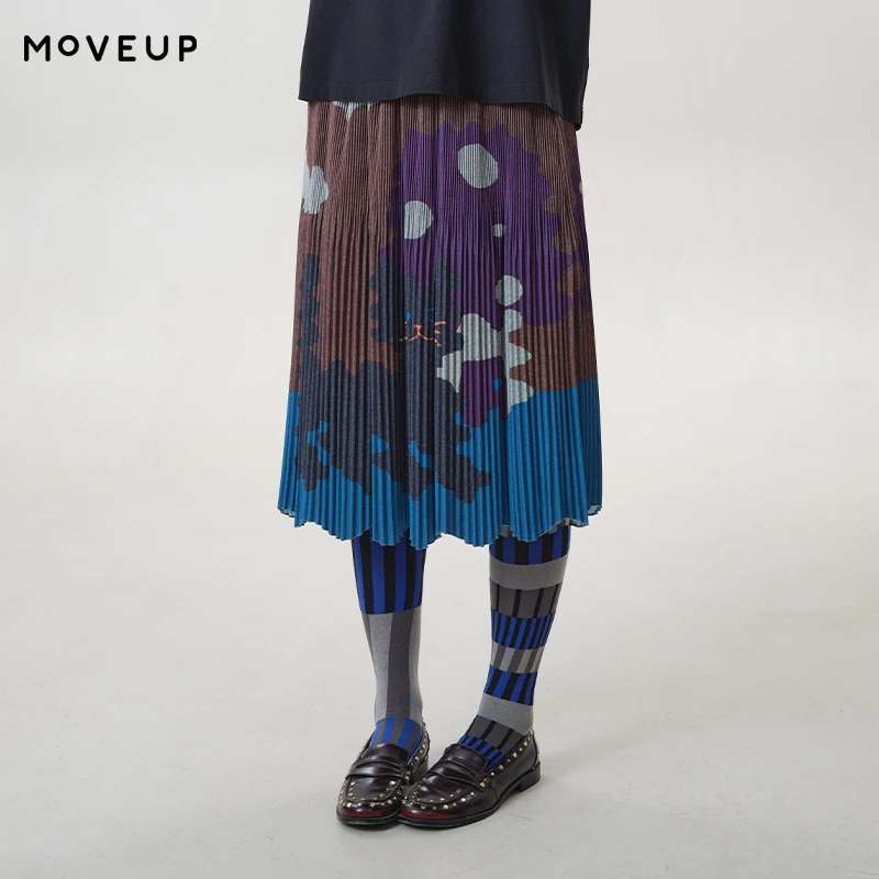 MOVEUP Women's Pleated Midi Skirt 2026 Autumn Elastic Waist Cartoon Cat Print Wave Hem Vacation Style A-line Skirt 3ELQ20604