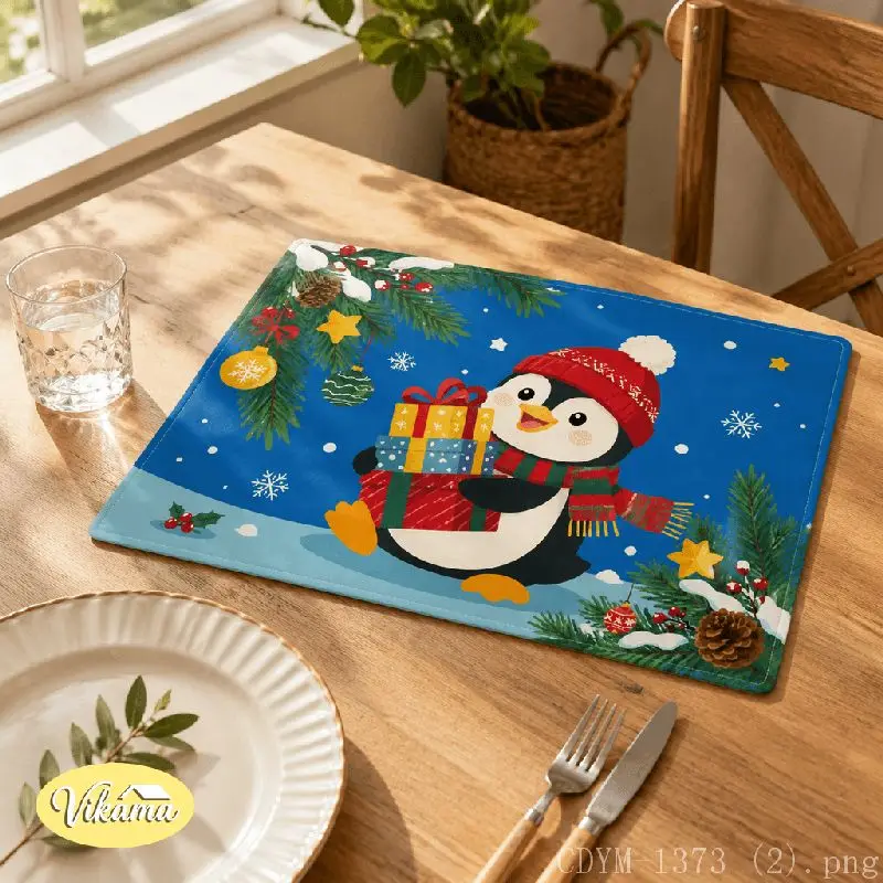 VIKAMA Christmas Penguin Sled Gift Placemat Snowflake Table Mat Dining Kitchen Holiday Home Decor Aesthetic Art Large Premium
