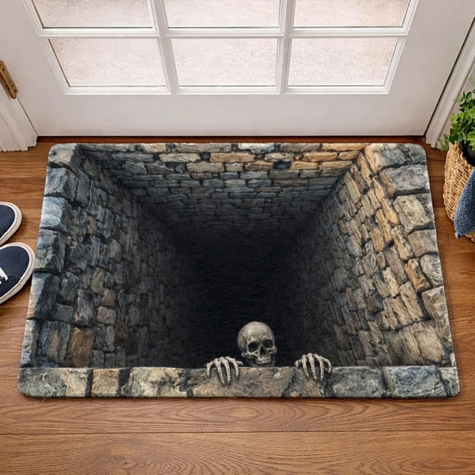 1pc 2D Flat Printing Flannel Material Door Mat, Outdoor Courtyard Door Mat, Skull Stone Wall Horror Style Flannel Floor Mat, Durable And Machine Washable