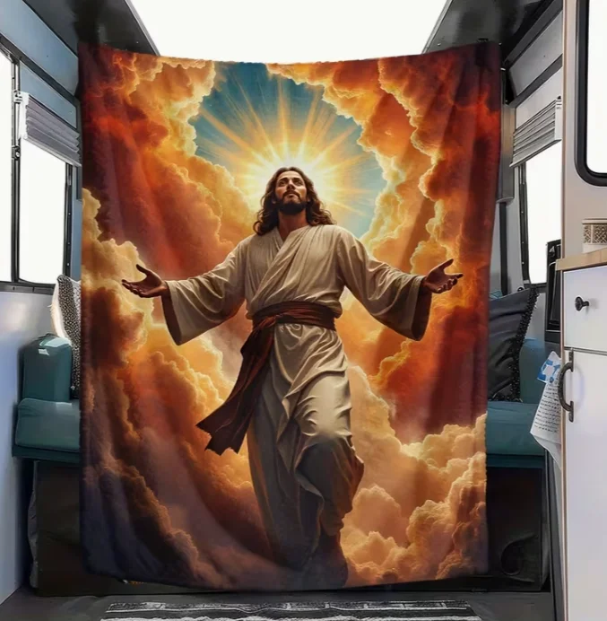 Ultra-Soft Jesus Christ Religious Print Flannel Blanket Lamb Design with Scenes Warm Bedspread for RV, Camping, Travel Blanket