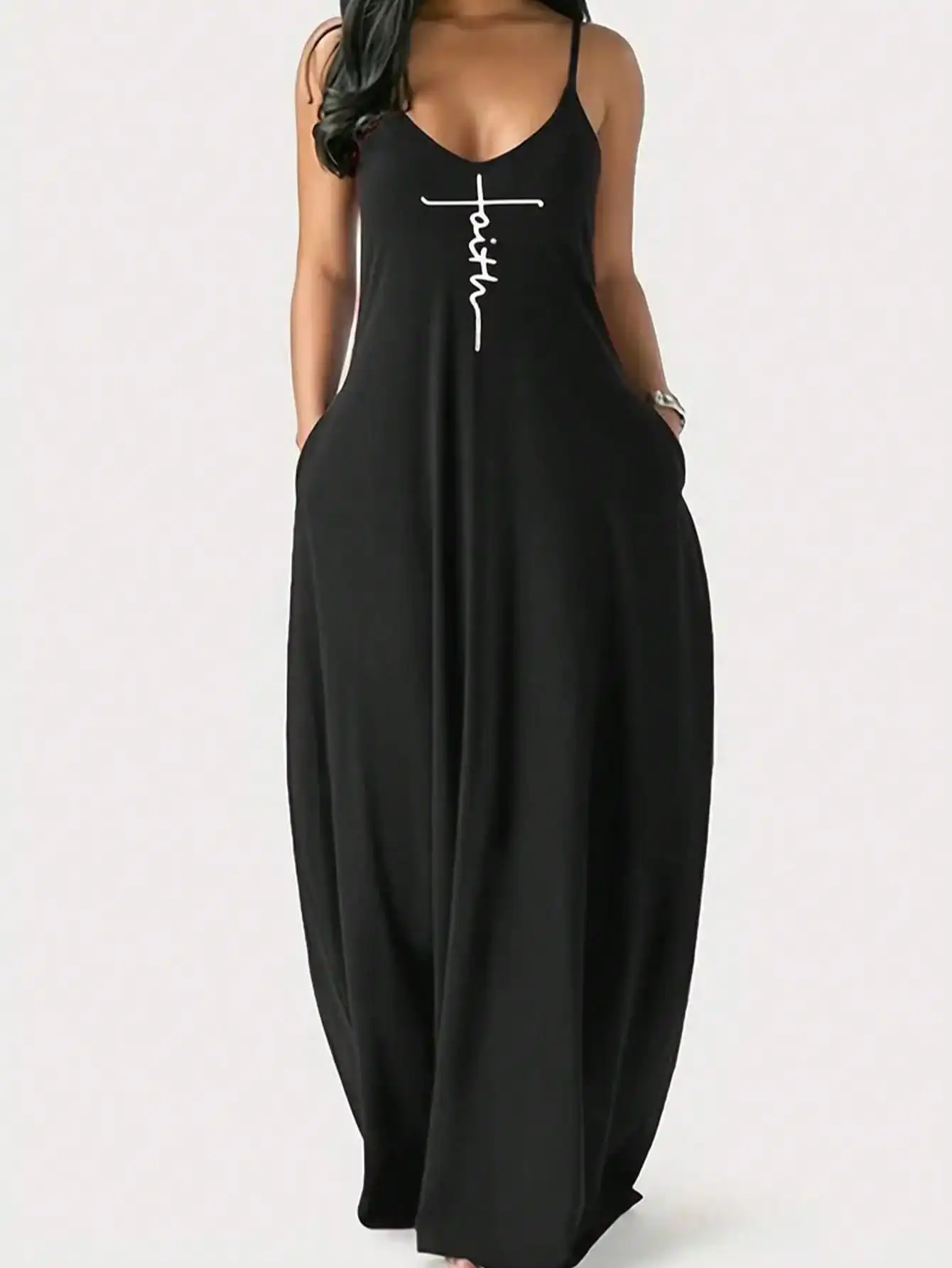 

2025 европейская и американская весенне-осенняя новая элегантная модная большая женская юбка на бретелях с v-образным вырезом и принтом букв