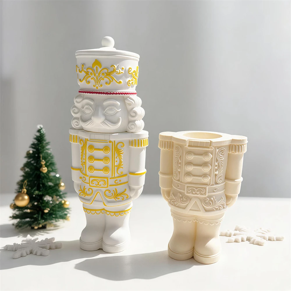 Nutcracker Candle Tea Light Silicone Mold Nutcracker Statue Storage Concrete Candle Jar Silicone Mould For Christmas Ornament