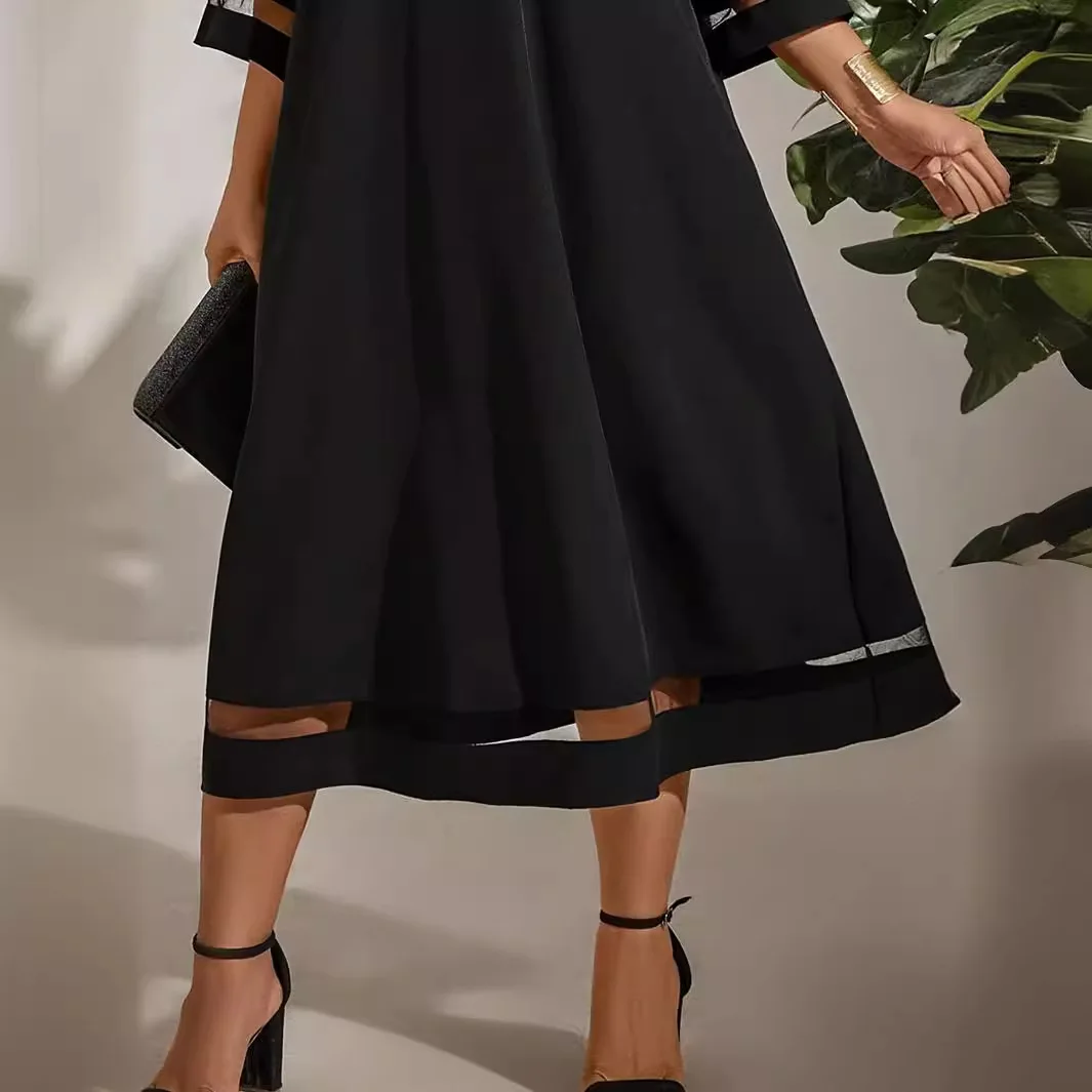 Lace Patchwork Oversize Dress Women Fashion Pure Color O-neck Midi Dresses Summer Casual Loose Plus Size Vestidos Black