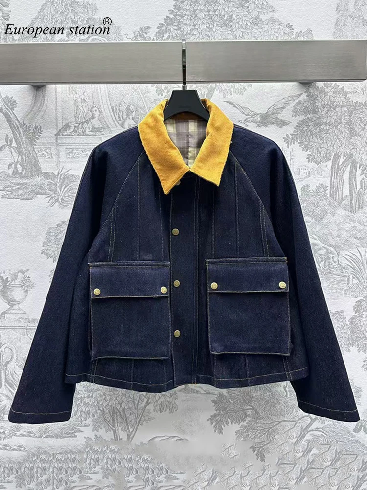 

Vintage matching corduroy lapel on both sides large pockets wash denim jacket 2024 Fall women's new fashion all-match jacket