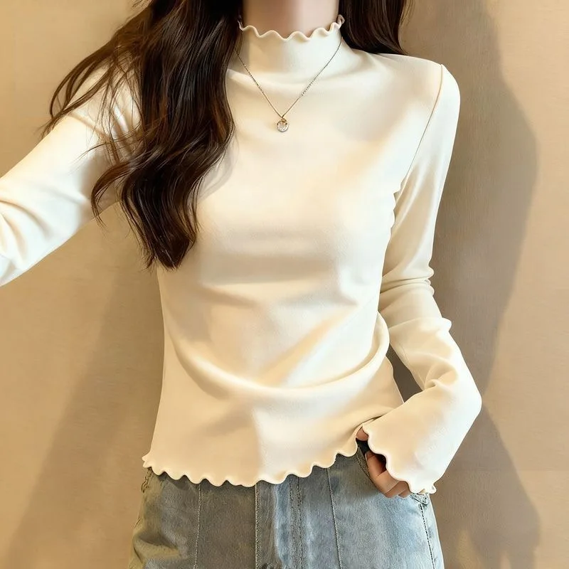 Chic Pure Color German Velvet Base Shirt with Wood Grain  Collar for Women Autumn Winter New Design Sensation Top