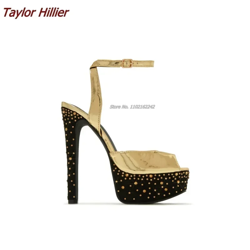 Sandalias de plataforma doradas para banquete de verano, sandalias sexis con punta abierta y hebilla de aguja, zapatos de fiesta que combinan con todo para mujer 46