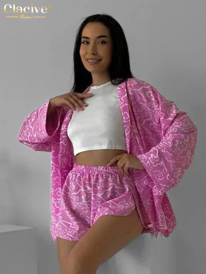 Clacive Fashion Loose Print Shorts Sets For Women 2 Pieces 2025 Elegant Long Sleeve Robes With High Waist Shorts Set Female