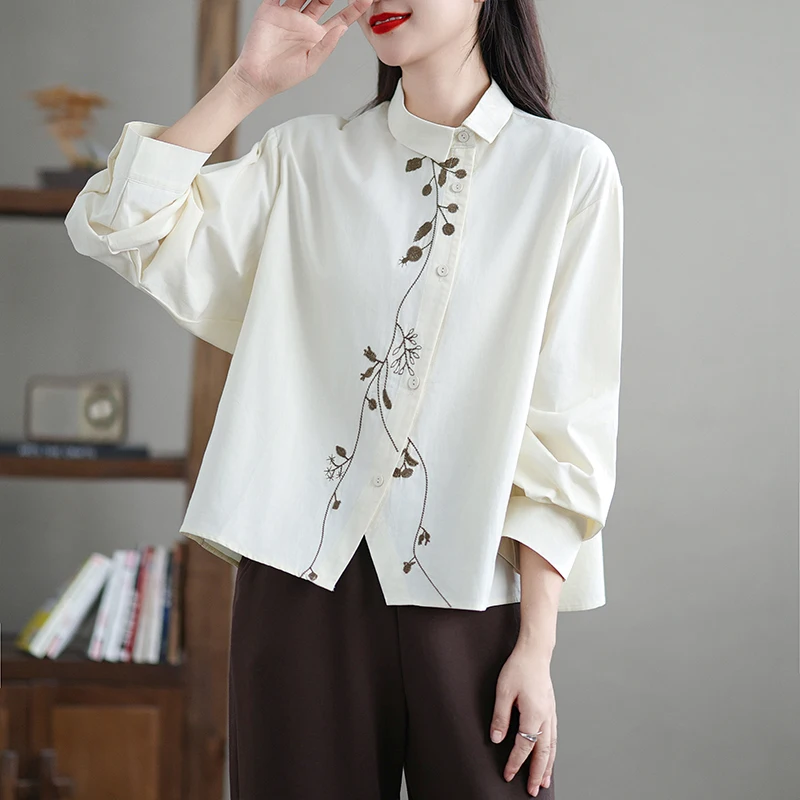 

Retro Chinese Embroidered Long Sve Women's irt Loose Fit Turn-down Collar Cotton Polyester Autumn Faion Japanese Sle