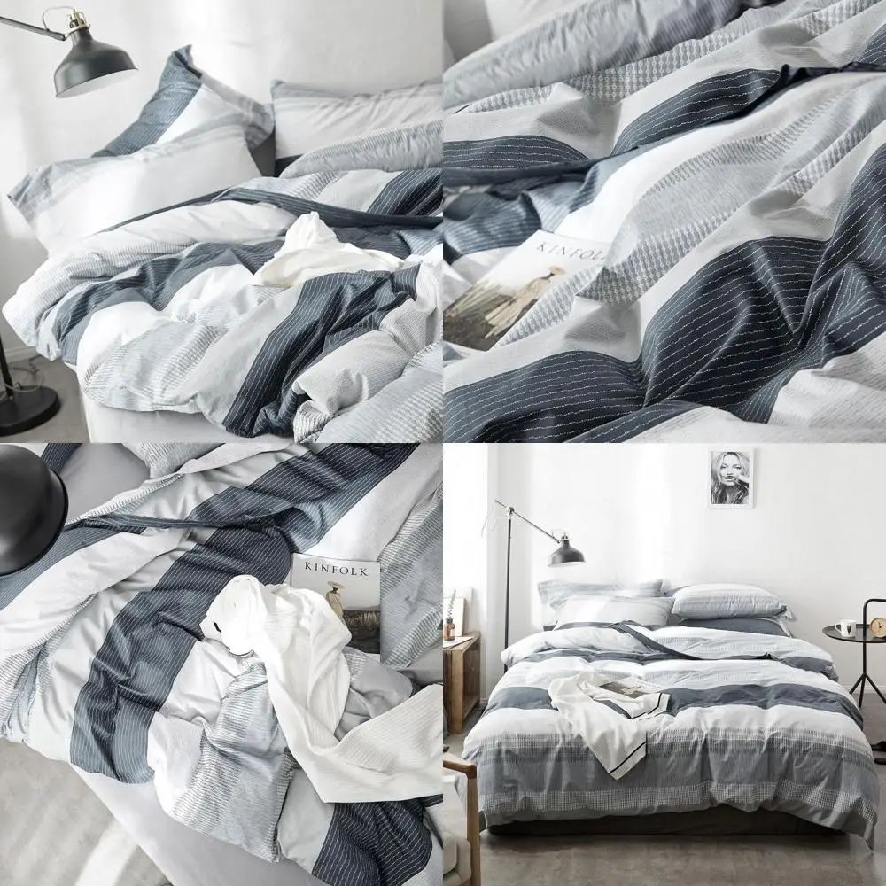 Queen Gray Stripe Comforter Set with Geometric Pattern for Men, Fluffy and All-Season, Includes 1 Comforter & 2 Shams