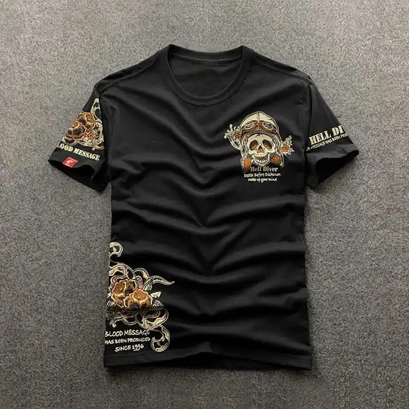 T Shirt Man Motorcycle Tattoo Street Style Cool Cartoon Skull Flying Retro Logo Summer Casual Printing Short Comfortable O-neck