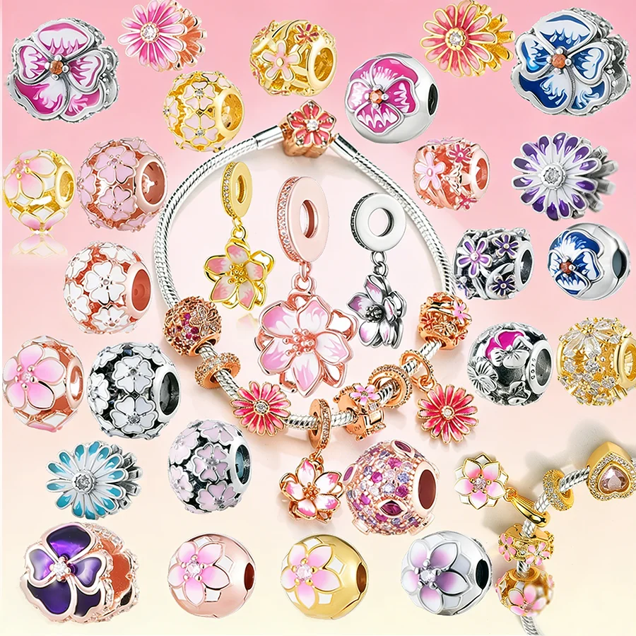 Oferta Imperdível: Conjunto de Berloques de Prata 925 com Flores para Pulseira Original, Design DIY Flor de Cerejeira, Presente de Berloques de Moda Feminina
