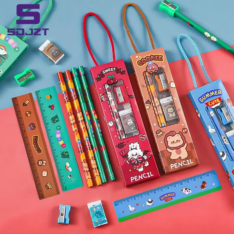 5Pcs Portable Stationery Set Cartoon Pencil Ruler Sharpener Eraser Set Gift for Kids School Office Writing Prize Stationery Set