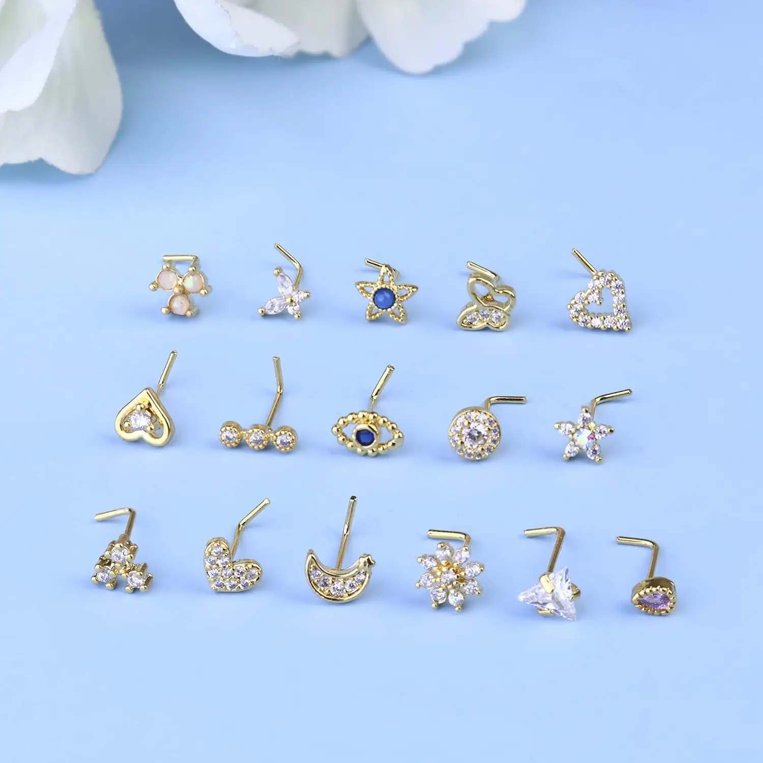 Bobisty 20G Nose Studs Surgical Steel L Shaped Nose Rings Studs for Women Opal CZ Heart Butterfly Nose Elegant Piercing Jewelry