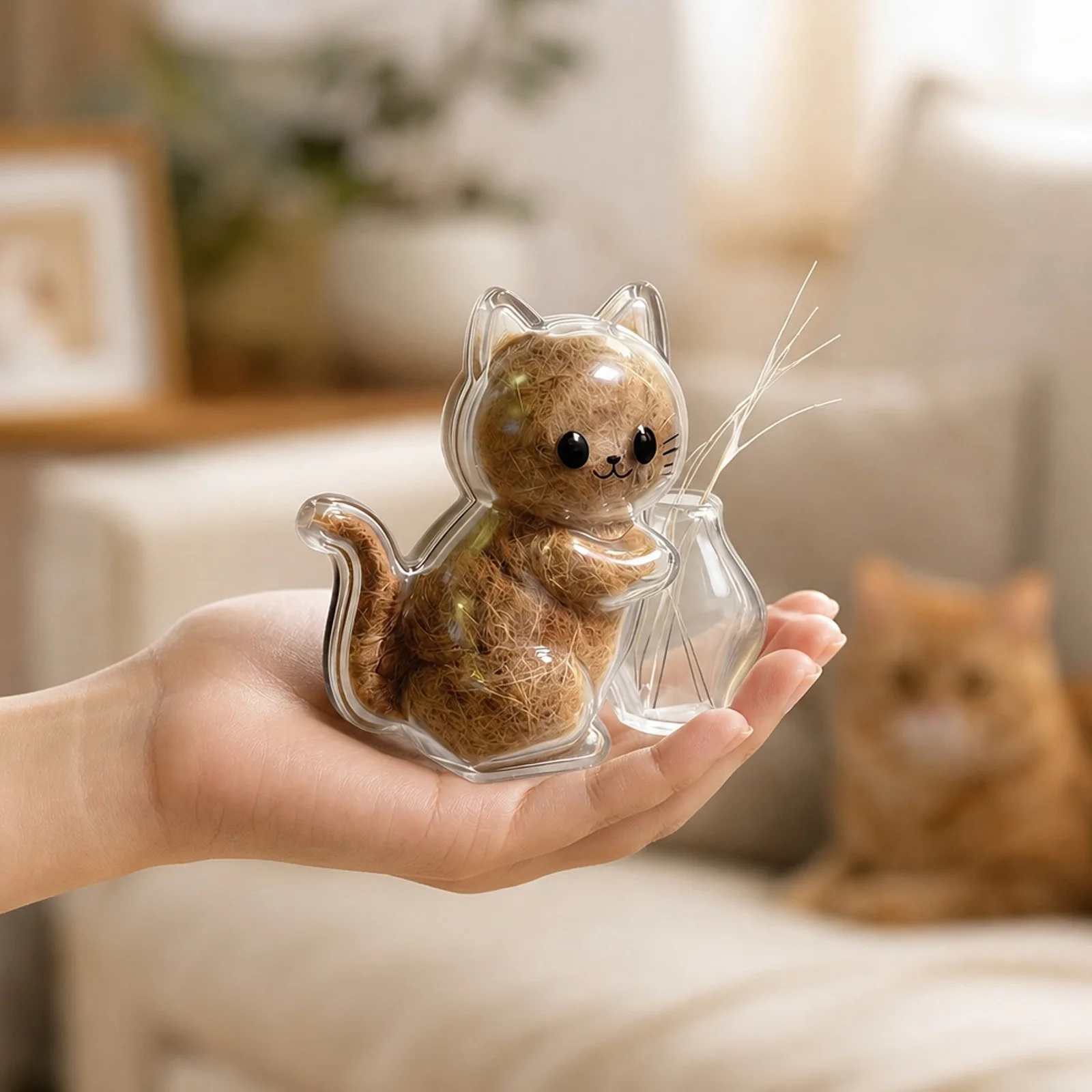 Clear Cat‑Shaped Fridge Magnet Transparent Cat Fur Container with Mini Vase for Pets Hairs Removal and Home Cleaning Use