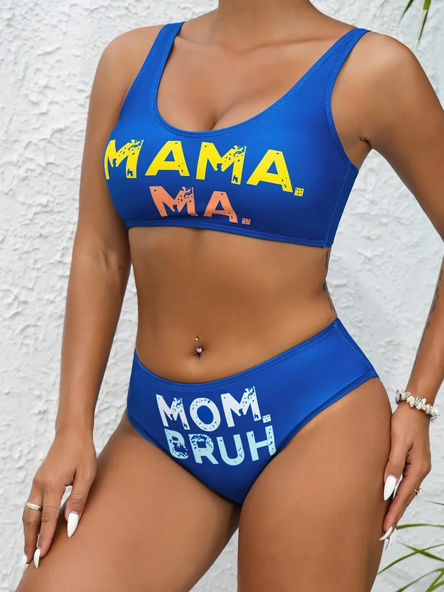 Conjunto de bikini de 2 piezas para mujer, traje de baño de cintura alta con estampado de letras, traje de baño azul para vacaciones en la playa, traje de baño sin espalda con cuello en U, novedad de 2025